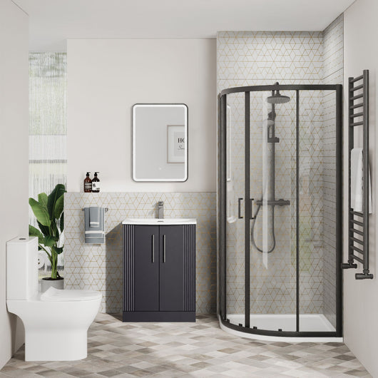  Deco Curved 500mm Soft Black Vanity & Black Offset Quadrant Shower Enclosure Bathroom Suite