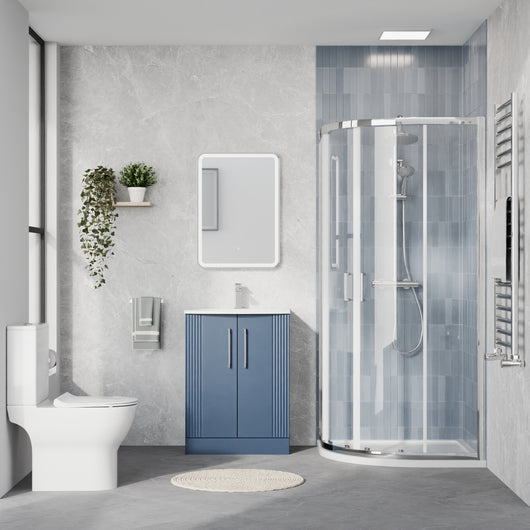  Deco Curved 500mm Satin Blue Vanity & Chrome Quadrant Shower Enclosure Bathroom Suite