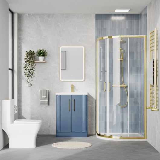  Deco Squared 600mm Satin Blue Vanity & Brushed Brass Offset Quadrant Shower Enclosure Bathroom Suite