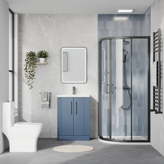  Deco Squared 600mm Satin Blue Vanity & Black Quadrant Shower Enclosure Bathroom Suite