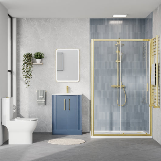  Deco Curved 600mm Satin Blue Vanity & Brushed Brass Rectangle Shower Enclosure Bathroom Suite