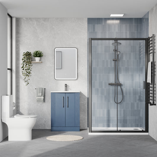  Deco Curved 600mm Satin Blue Vanity & Black Rectangle Shower Enclosure Bathroom Suite