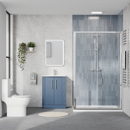  Deco Curved 500mm Satin Blue Vanity & Chrome Rectangle Shower Enclosure Bathroom Suite