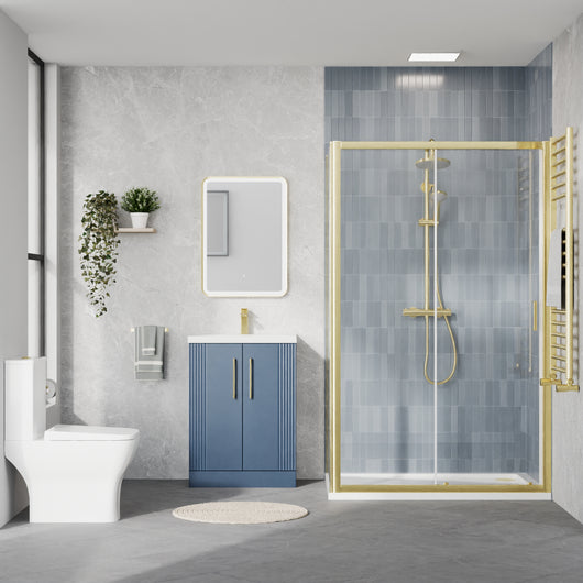  Deco Squared 600mm Satin Blue Vanity & Brushed Brass Rectangle Shower Enclosure Bathroom Suite