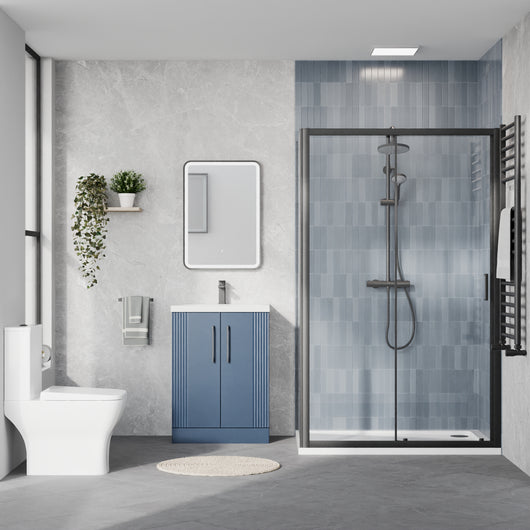  Deco Squared 600mm Satin Blue Vanity & Black Rectangle Shower Enclosure Bathroom Suite