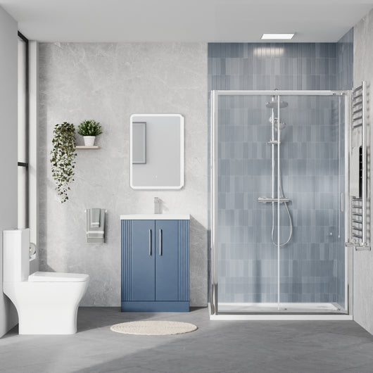  Deco Squared 500mm Satin Blue Vanity & Chrome Rectangle Shower Enclosure Bathroom Suite