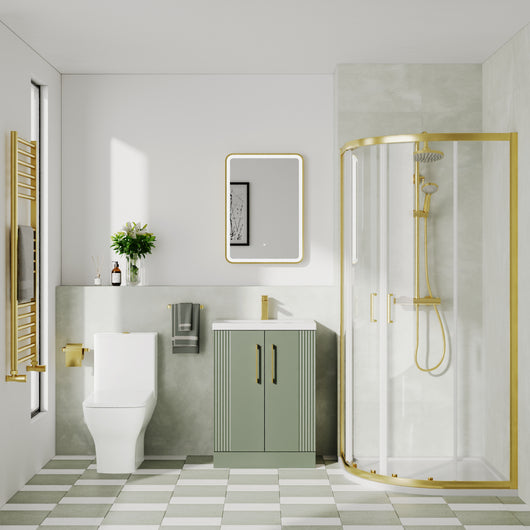  Deco Squared 600mm Satin Green Vanity & Brushed Brass Offset Quadrant Shower Enclosure Bathroom Suite