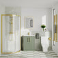 Deco Squared 600mm Satin Green Vanity & Brushed Brass Offset Quadrant Shower Enclosure Bathroom Suite