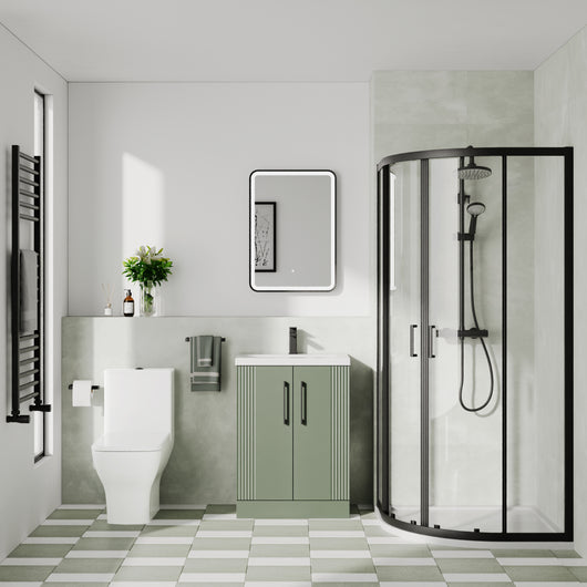  Deco Squared 600mm Satin Green Vanity & Black Quadrant Shower Enclosure Bathroom Suite