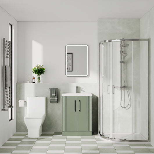  Deco Squared 600mm Satin Green Vanity & Chrome Quadrant Shower Enclosure Bathroom Suite