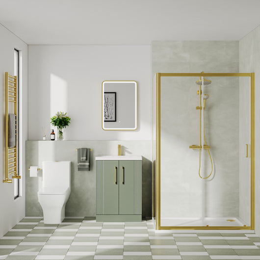  Deco Squared 500mm Satin Green Vanity & Brushed Brass Rectangle Shower Enclosure Bathroom Suite