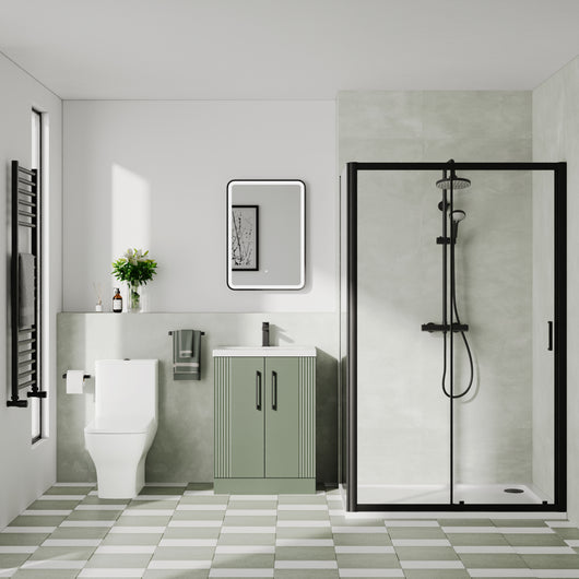  Deco Squared 600mm Satin Green Vanity & Black Rectangle Shower Enclosure Bathroom Suite