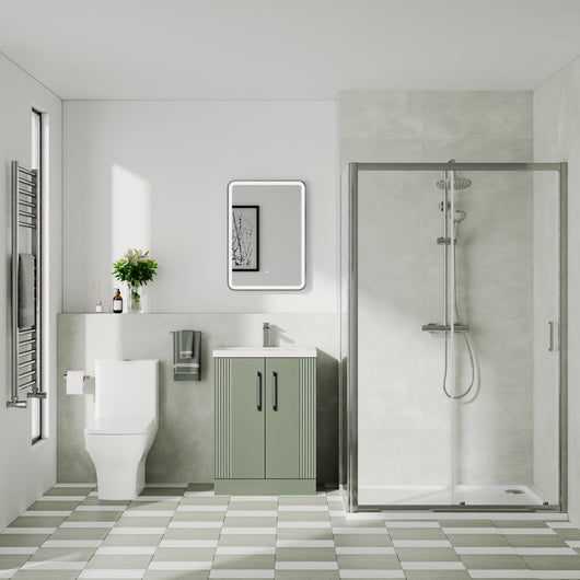  Deco Squared 500mm Satin Green Vanity & Chrome Rectangle Shower Enclosure Bathroom Suite