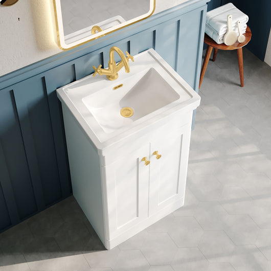  Nuie Classique 500mm Floor Standing 2-Door Unit & 1TH Basin - Satin White - welovecouk