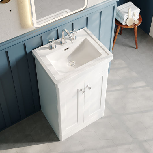  Nuie Classique 500mm Floor Standing 2-Door Unit & 3TH Basin - Satin White - welovecouk