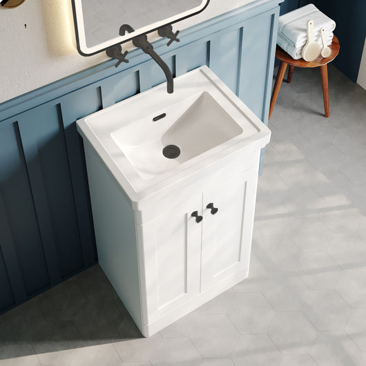  Classique 500mm Floor Standing 2-Door Unit & Basin 0TH - Satin White - welovecouk