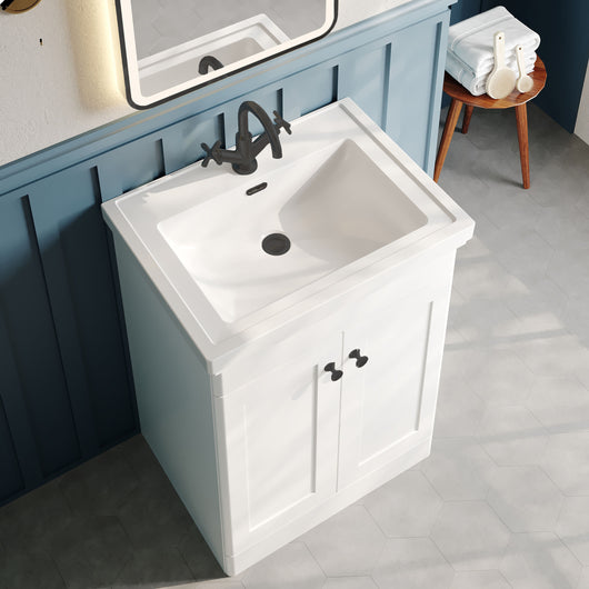  Nuie Classique 600mm Floor Standing 2-Door Unit & 1TH Basin - Satin White - welovecouk