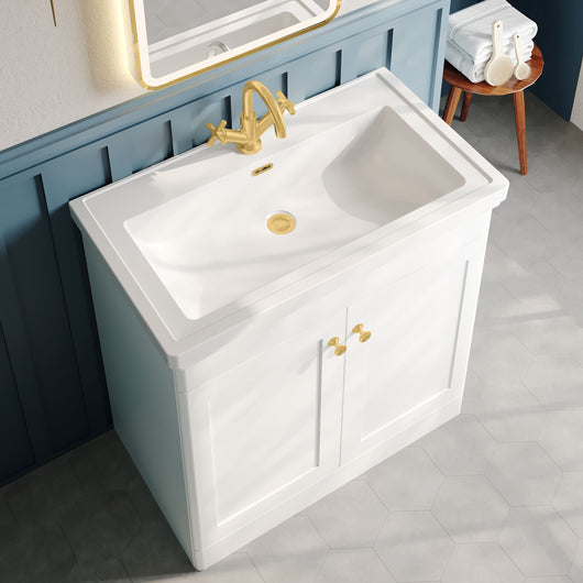  Nuie Classique 800mm Floor Standing 2-Door Unit & 1TH Basin - Satin White - welovecouk