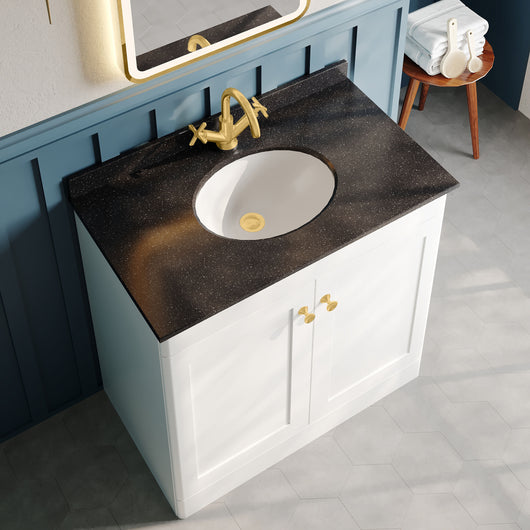  Classique 800mm Floor Standing 2-Door Unit & Marble Top 1TH - Satin White - welovecouk