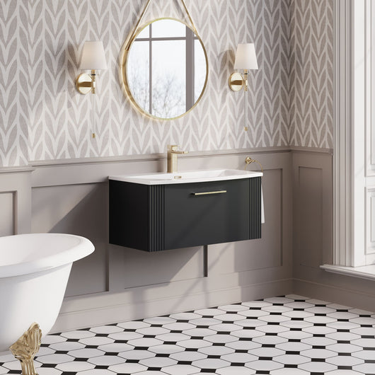  Nuie Deco 800mm Wall Hung Single Drawer Vanity & Basin 4 - Soft Black - welovecouk