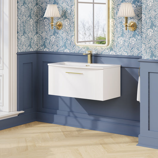 Nuie Deco 800mm Wall Hung Single Drawer Vanity & Basin 4 - Satin White - welovecouk