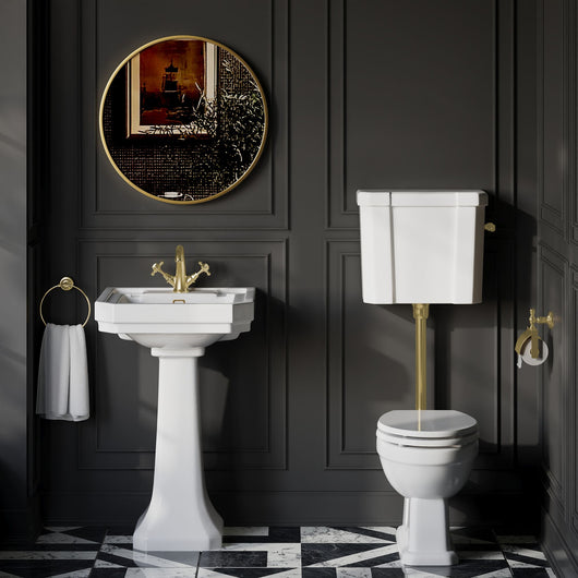  Huxton 1-Tap-Hole 640mm Basin with Low Level Toilet - Brushed Brass - welovecouk