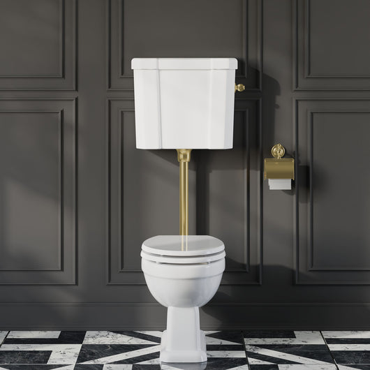  Huxton Traditional Low Level Toilet With Cistern & Flush Pipe - Brushed Brass - welovecouk