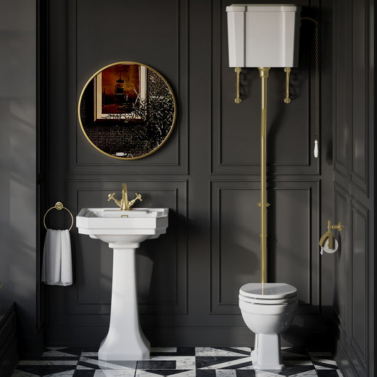  Huxton 1-Tap-Hole 640mm Basin with High Level Toilet - Brushed Brass - welovecouk