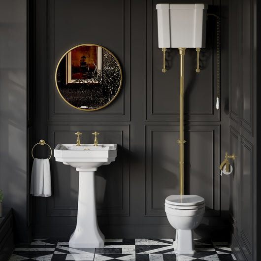  Huxton 2-Tap-Hole 640mm Basin with High Level Toilet - Brushed Brass - welovecouk