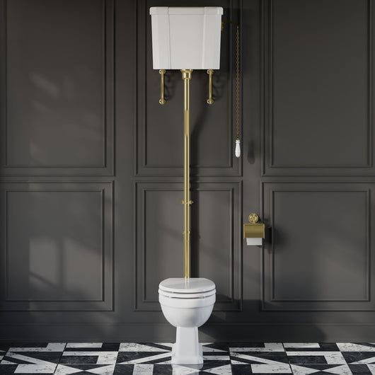  Huxton Traditional High Level Toilet With Cistern & Flush Pipe - Brushed Brass - welovecouk