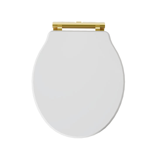  Huxton Gloss White Soft Close Toilet Seat - Brushed Brass Hinge - welovecouk