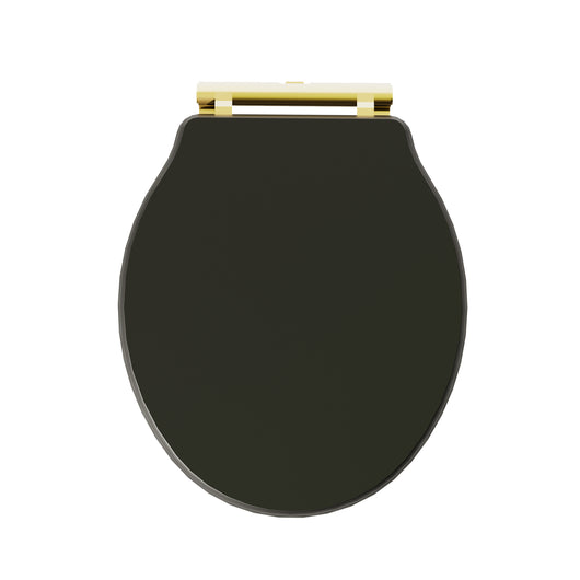  Huxton Matt Black Soft Close Toilet Seat - Brushed Brass Hinge - welovecouk