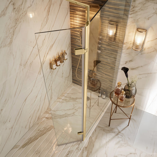  SDG Alumen 300 x 2000mm Wetroom Hinged Return Screen - Brushed Brass