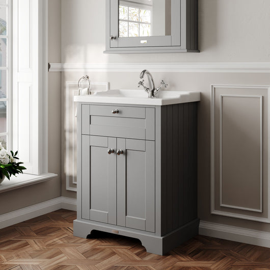  Hudson Reed Old London 600mm 2-Door Vanity Unit & Ceramic 1 Tap Hole Basin - Storm Grey