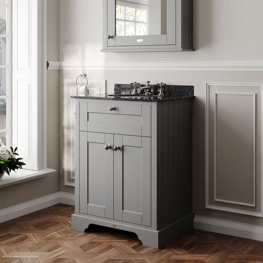  Hudson Reed Old London 600mm 2-Door Vanity Unit & Single Bowl Black Marble Top 3 Tap Hole - Storm Grey