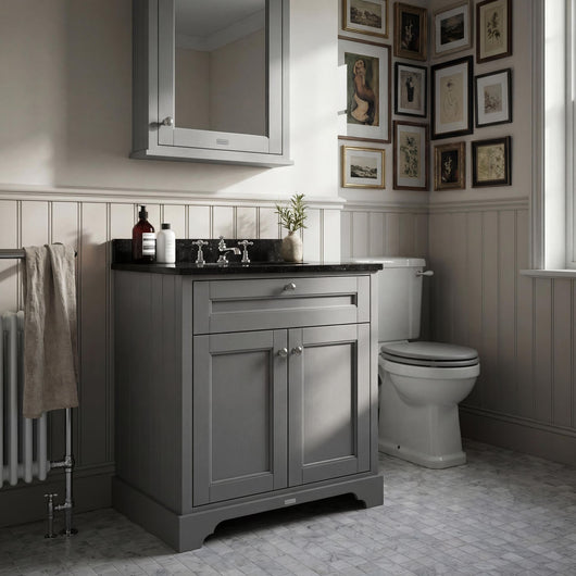 Hudson Reed Old London 800mm 2-Door Vanity Unit & Single Bowl Black Marble Top 3 Tap Hole - Storm Grey