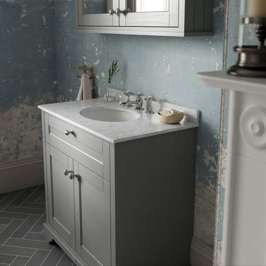  Hudson Reed Old London 800mm 2-Door Vanity Unit & Single Bowl Grey Marble Top 3 Tap Hole - Storm Grey