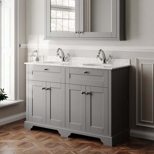  Hudson Reed Old London 1200mm 2-Door Vanity Unit & Double Bowl Grey Marble Top 1 Tap Hole - Storm Grey