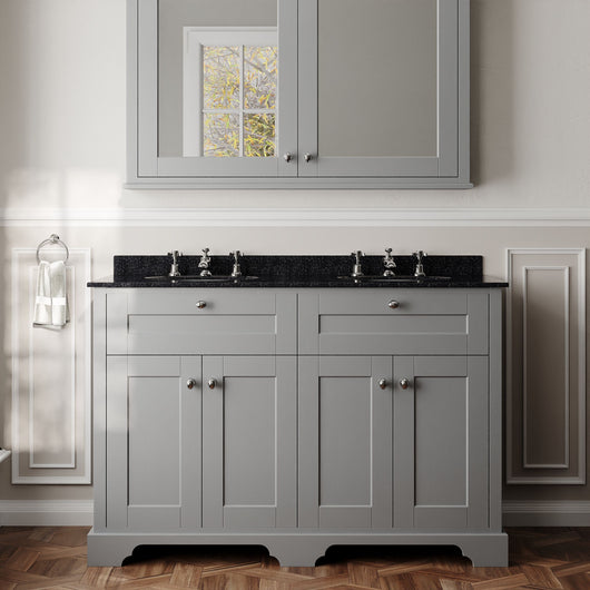  Hudson Reed Old London 1200mm 2-Door Vanity Unit & Double Bowl Black Marble Top 3 Tap Holes - Storm Grey