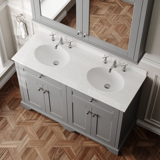  Hudson Reed Old London 1200mm 2-Door Vanity Unit & Double Bowl White Marble Top 3 Tap Holes - Storm Grey