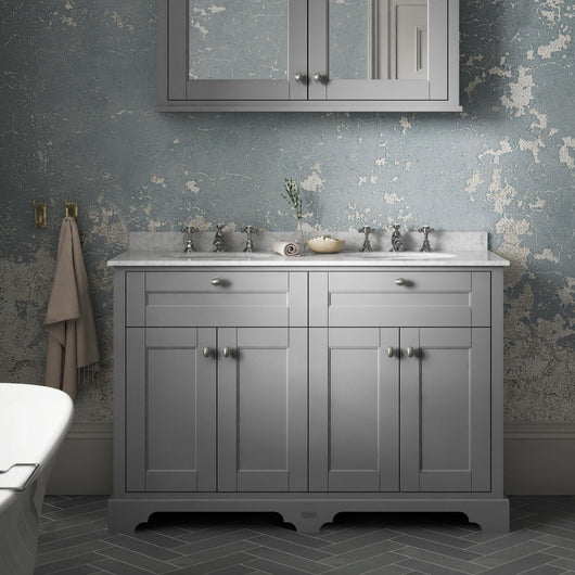  Hudson Reed Old London 1200mm 2-Door Vanity Unit & Double Bowl Grey Marble Top 3 Tap Holes - Storm Grey