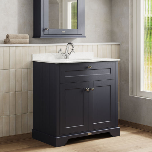  Hudson Reed Old London 800mm 2-Door Vanity Unit & Single Bowl White Marble Top 1 Tap Hole - Twilight Blue