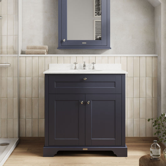  Hudson Reed Old London 800mm 2-Door Vanity Unit & Single Bowl White Marble Top 3 Tap Holes - Twilight Blue