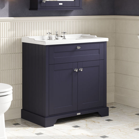  Hudson Reed Old London 800mm 2-Door Vanity Unit & Ceramic 3 Tap Hole Basin - Twilight Blue