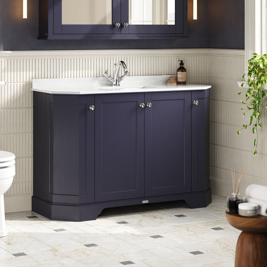  Hudson Reed Old London 1200mm 4-Door Angled Unit & White Marble Top 3TH - Twilight Blue