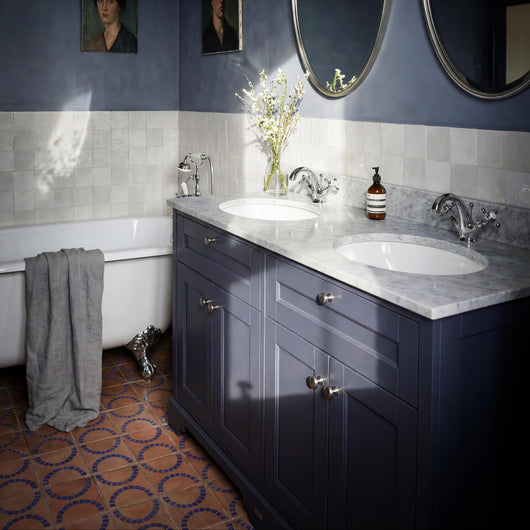  Hudson Reed Old London 1200mm 2-Door Vanity Unit & Double Bowl Grey Marble Top 1 Tap Hole - Twilight Blue