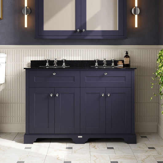  Hudson Reed Old London 1200mm 2-Door Vanity Unit & Double Bowl Black Marble Top 3 Tap Holes - Twilight Blue