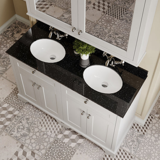  Hudson Reed Old London 1200mm 2-Door Vanity Unit & Double Bowl Black Marble Top 1 Tap Hole - Timeless Sand
