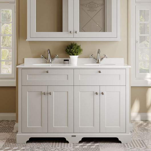  Hudson Reed Old London 1200mm 2-Door Vanity Unit & Double Bowl White Marble Top 1 Tap Hole - Timeless Sand
