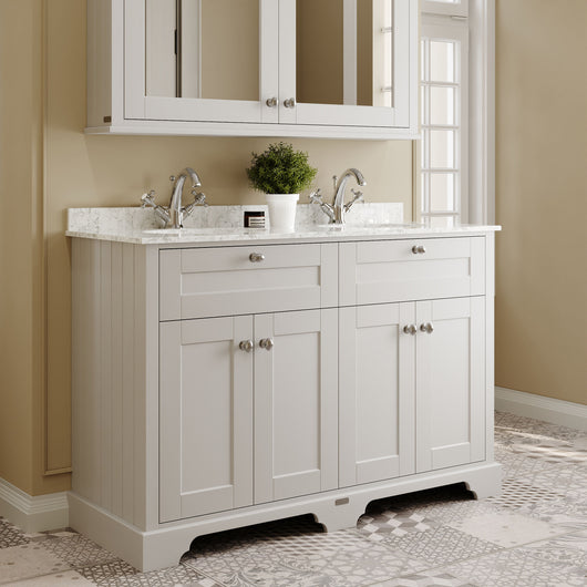  Hudson Reed Old London 1200mm 2-Door Vanity Unit & Double Bowl Grey Marble Top 1 Tap Hole - Timeless Sand